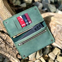 Green Leather Long Wallet, Handmade Custom Personalized  Leather Wallet Clutch - $93.00