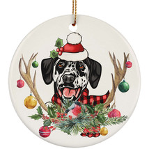 Cute Dalmatian Dog With Antlers Reindeer Flower Christmas Circle Ornament Gift - £13.38 GBP