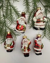 Set of 5 Glass Santa Ornaments Glitter Trim Hand Painted Holiday Heirloo... - $18.42