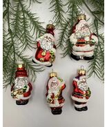 Set of 5 Glass Santa Ornaments Glitter Trim Hand Painted Holiday Heirloo... - $18.42
