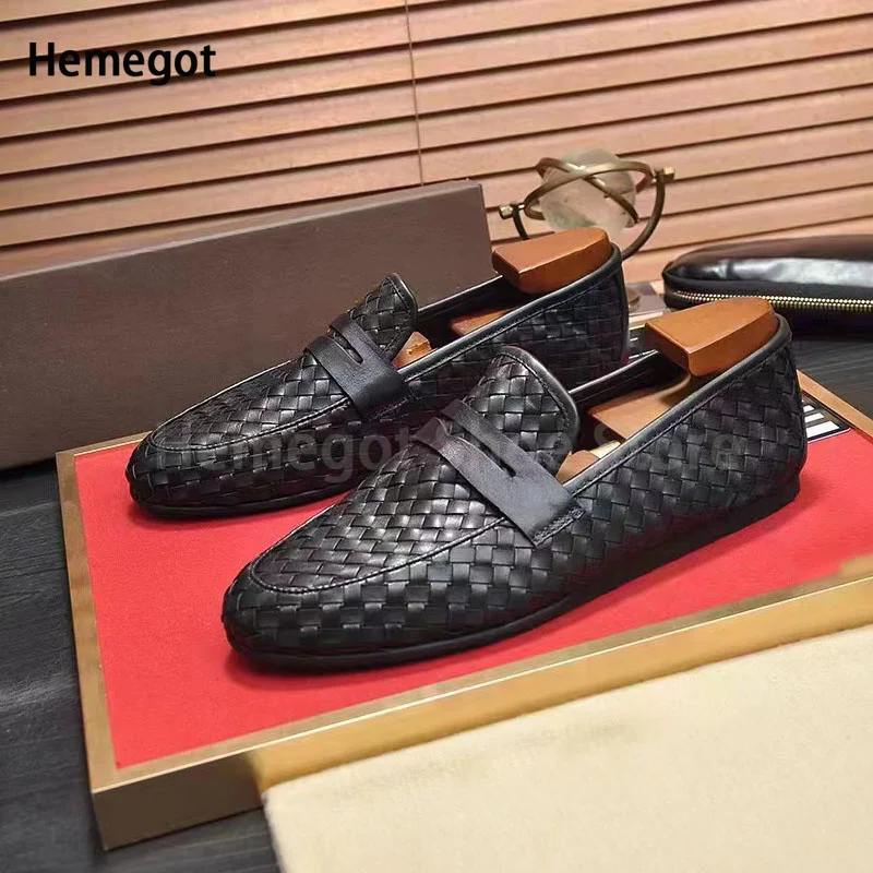 Black Hand Woven Loafers Men&#39;s Oxford Shoes Leather Classic Style Dress ... - $183.36