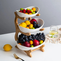Fruit Tray Storage Rack 3 Tiers Bamboo Wood Ceramic Kitchen Table Serving Dish - £43.77 GBP