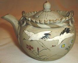 Antique Japan Banko Pottery Porcelain Small Teapot Handpainted With Cranes Stork - £67.55 GBP