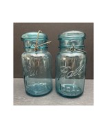 Lot 2 Ball IDEAL Aqua Blue Mason Jars – Wire Bail Glass Lid #1 &amp; #10 Vin... - $20.90