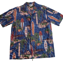 VTG Aloha Republic Men&#39;s Hawaiian All Over Print LG Surfboards Palm Trees Blue - £13.31 GBP