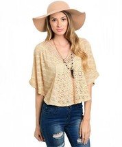 Womens Beige Marled Open Knit Deep V-Neck Boho Wide Sleeve Cropped Ponch... - £17.58 GBP