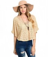 Womens Beige Marled Open Knit Deep V-Neck Boho Wide Sleeve Cropped Ponch... - $22.00