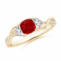 ANGARA Cushion Ruby and Half Moon Diamond Leaf Ring for Women in 14K Solid Gold - £2,228.74 GBP