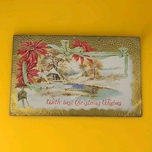 Antique Postcard Christmas Vintage Snowy Cabin Scene Poinsettia Embossed  - £3.80 GBP