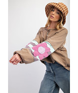 Light French Beige Flower Striped Patchwork Puff Sleeve Loose Sweatshirt - $405.62 MXN
