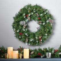 24&quot; Mixed Spruce Pre-Lit Warm White Led Artificial Christmas Wreath With... - £69.13 GBP