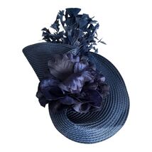 Vintage Navy Blue Straw Fascinator Hat with Silk Flower &amp; Feather Spray - $25.20