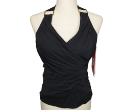 Spanx Black Draped Shirred Padded Wire Free Halter Tie Tankini Swim Top Size 10 - £74.74 GBP