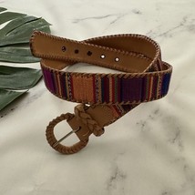 Omega Womens Vintage 90s Woven Belt Size L Colorful Stripe Leather Trim ... - $23.75