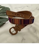 Omega Womens Vintage 90s Woven Belt Size L Colorful Stripe Leather Trim ... - $32.48 CAD