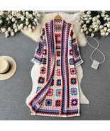 Bohemia Colored Plaid Flower Granny Square Hand Crochet Open Front Long ... - £46.61 GBP