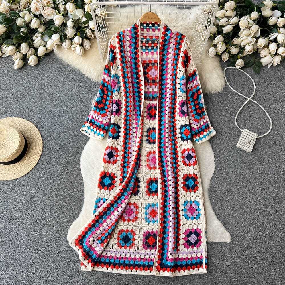 Primary image for Bohemia Colored Plaid Flower Granny Square Hand Crochet Open Front Long Cardigan