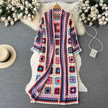 Bohemia Colored Plaid Flower Granny Square Hand Crochet Open Front Long ... - £46.15 GBP