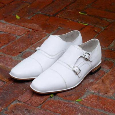 White Shoes Men Double Monkstrap Genuine Leather Cap Toe Handmade Formal Shoes