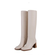 Trend Brand Pleated Boots Women Slip-on Thick High Heels Knee-high Boots Beige B - £88.46 GBP