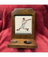 Vintage Baseball Bat & Ball Holder Wood Stand w/ Needlepoint Player Art - $49.99