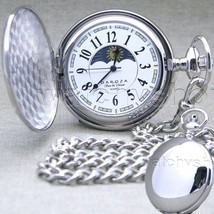Pocket Watch Silver Color 47 MM for Men Real Sun Moon Disc Dial Fob Chain P50PA - £31.96 GBP