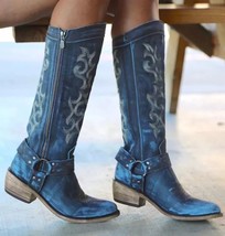 Women&#39;s Western Embossed Denim Mid-Calf Chunky Wedge Riding Boots 6.5-9 - £47.06 GBP