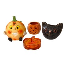 4 Halloween Glass Ceramic Votives Tealight Holders Black Cat Candle Pumpkin Mix - £23.34 GBP