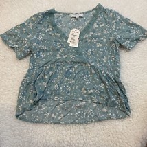 Hippie Rose Juniors&#39; Lace-Trim Peplum Top XS Small Sage Floral Full Bloom Wovens - £8.55 GBP