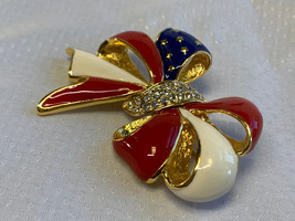 Joan Rivers Patriotic Bow Pin High Fashion Jewelry Flag Red White Blue Brooch - £55.90 GBP