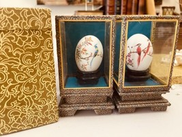 Chinese Eggs Set Of 2 Hand Painted Eggs In Glass Display Cases Signed Birds - £25.50 GBP
