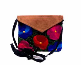 Mini Multicolored Floral Embroidered Tan Vegan Leather Suede Slim Envelo... - $17.81