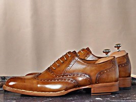 Handmade Tan Leather Wingtip Oxfords for Men Dress Lace Up Shoe For Men - £109.43 GBP+