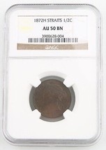 1872-H Straits Settlements 1/2 Cent Coin Graded by NGC AU-50 BN KM# 8 - $441.78