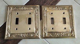 Lot (2) Vintage Solid Brass Ornate Double Switch Plate Covers w/ Raised Scrolls - £37.60 GBP