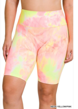 Zenana 2X Tie Dyed Stretch High Waisted   Biker Shorts Yellow/Pink - $12.86