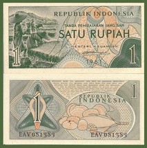 Indonesia P78, 1 Rupiah, workers in rice paddy 1961, Uncirculated - $1.73