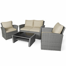 Patiojoy Patio 4PCS Rattan Furniture Set Sofa Table Storage Shelf Khaki ... - £411.39 GBP