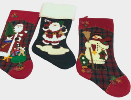 3 Christmas Stockings Santa Snowmen Buttons Plaid Fabric 3D Figures Prima Creati - £62.51 GBP