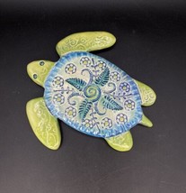 Ferns Flowers Ceramic Turtle Wall Hanging Blue &amp; Lime Green 6.5” Long - £15.63 GBP