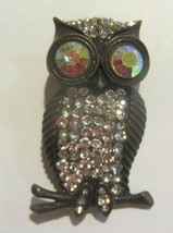 Vintage big eye black rhinestone owl pin / brooch - £22.73 GBP