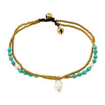 Double Strand Pearl Charm Blue Turquoise and Brass Bead Jingle Bell Anklet - £7.90 GBP