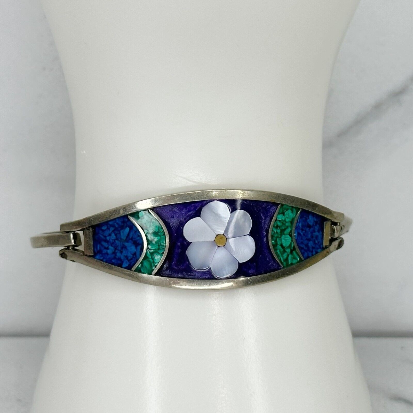 Primary image for Vintage Mexico Alpaca Silver Tone Turquoise Flower Inlay Hinge Bangle Bracelet