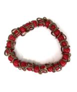 Wire Wrapped Beaded Bracelet Blood Red Vibrant Color Stretchy Estate Find - £9.43 GBP