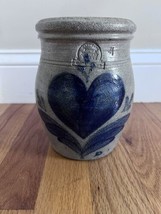 Rowe Pottery Works Stoneware Blue Heart Cannister Vase 1985 Salt Glaze Handmade - £36.53 GBP