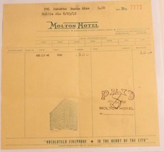 Vintage Molton Hotel Invoice Bill August 23 1948 Mobile Alabama Box2 - £10.10 GBP