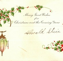 c1920 Art Deco Christmas and New Year Greetings Embossed Gift Card Holly Lamp - £11.98 GBP
