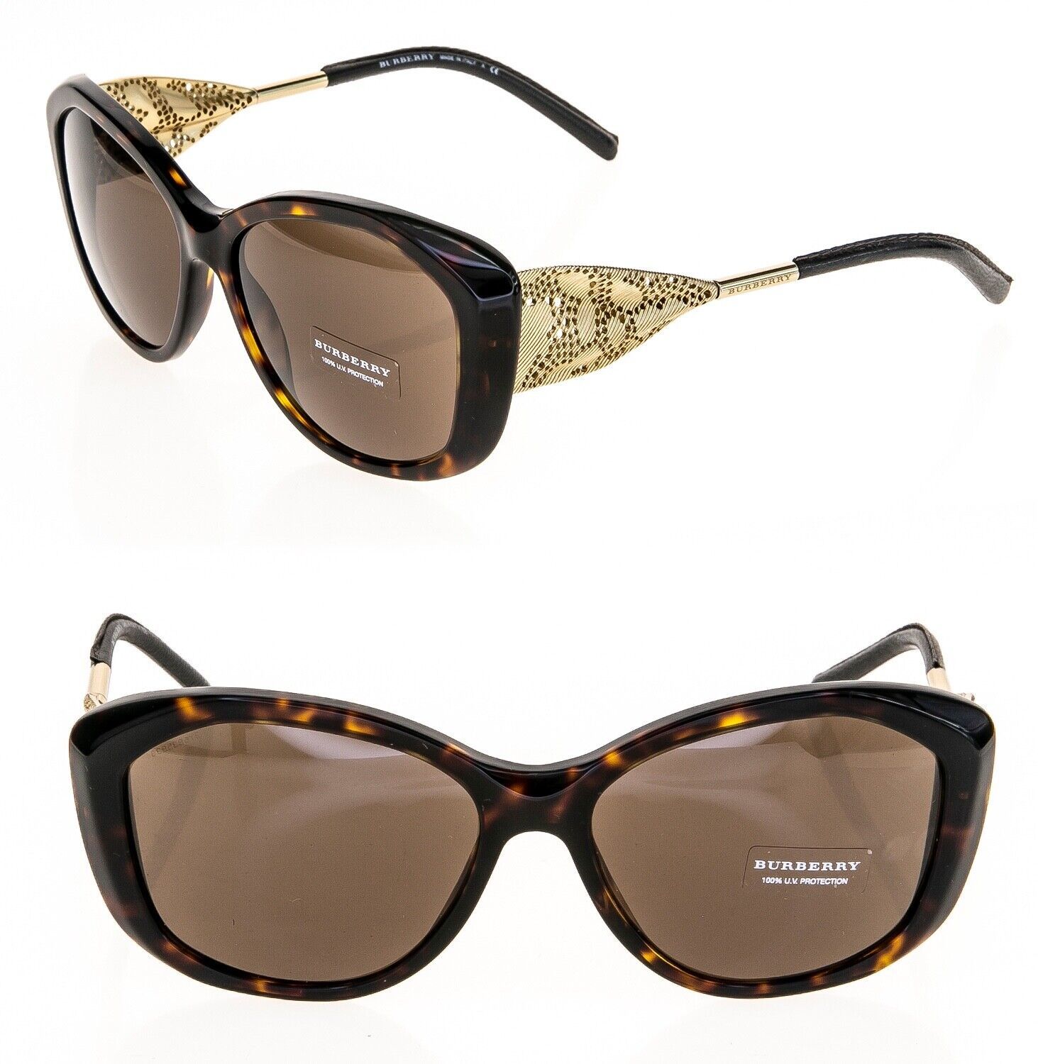 BURBERRY BE4208Q Metal Gabardine Floral Lace Gold Brown Leather Sunglass... - $201.96