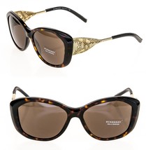 BURBERRY BE4208Q Metal Gabardine Floral Lace Gold Brown Leather Sunglasses 4208 - £161.93 GBP