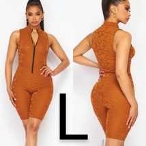 Brown Cut Out Mesh Detail Front Zipper Biker Shorts Romper ~ Size L - £24.27 GBP